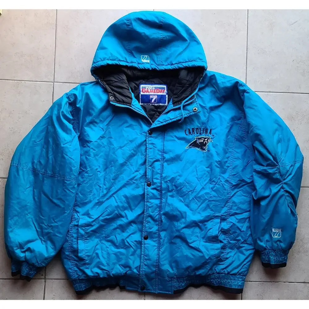 Carolina Panthers 90s GAME DAY Logo 7 puffer XL 2x teal NFL vintage - Picture 2 of 11